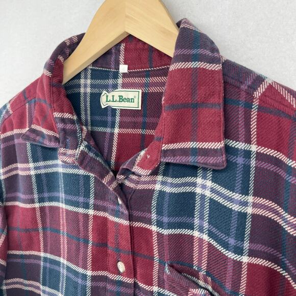 LL BEAN Shirt Womens L Flannel Plaid Cropped Crafted Popover Long Sleeve Red - Picture 8 of 14